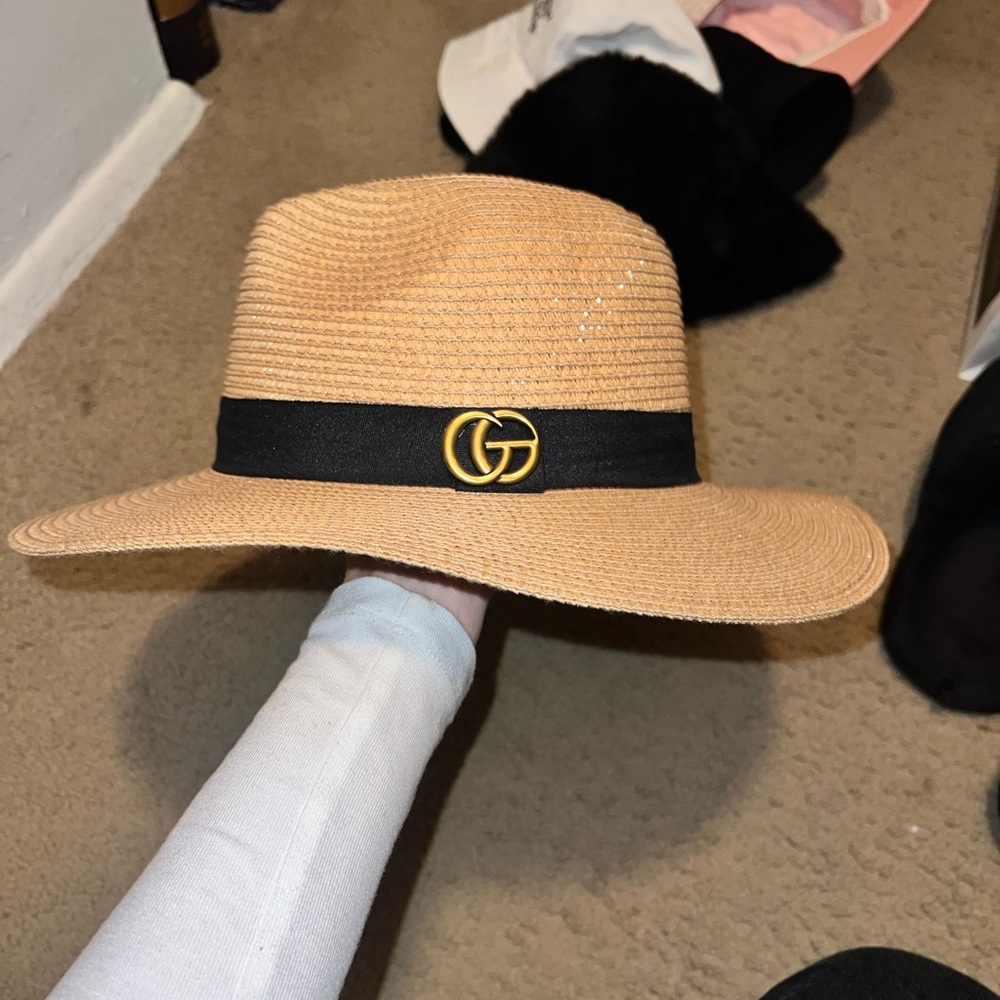 Tan Straw Hat with Black Band and Gold Logo